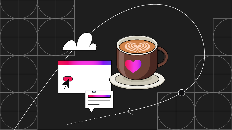 Una imagen de una taza de café con una página de navegador web y una interfaz de chat en segundo plano